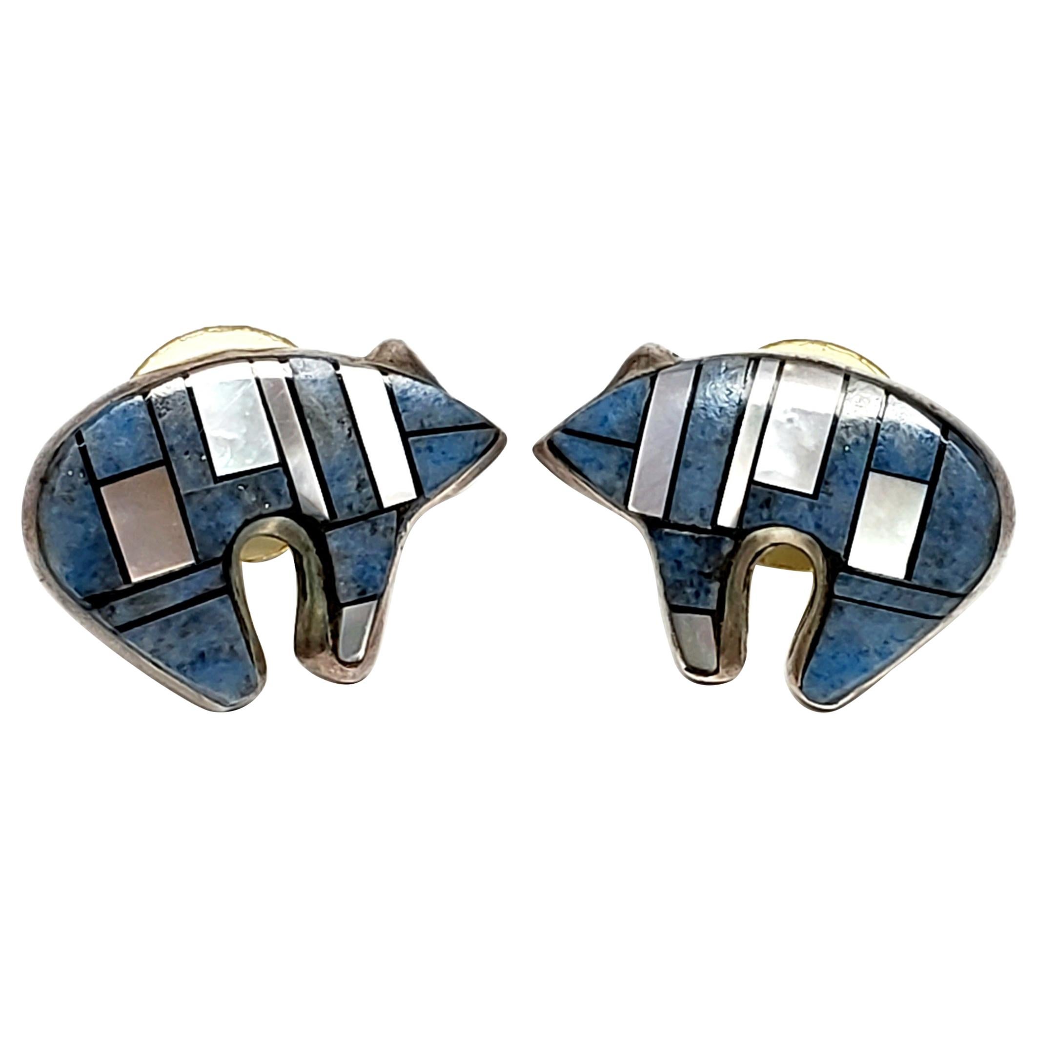 Native American Sterling Silver Denim Lapis and Mother of Pearl Inlay Bear