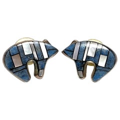 Native American Sterling Silver Denim Lapis and Mother of Pearl Inlay Bear