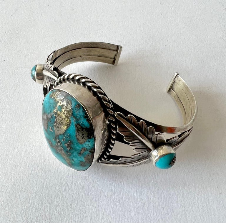 Cabochon Native American Sterling Silver Feather Turquoise Cuff Bracelet For Sale