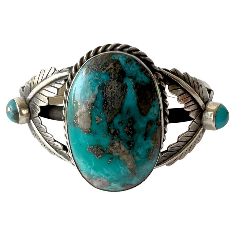 Native American Sterling Silver Feather Turquoise Cuff Bracelet For Sale