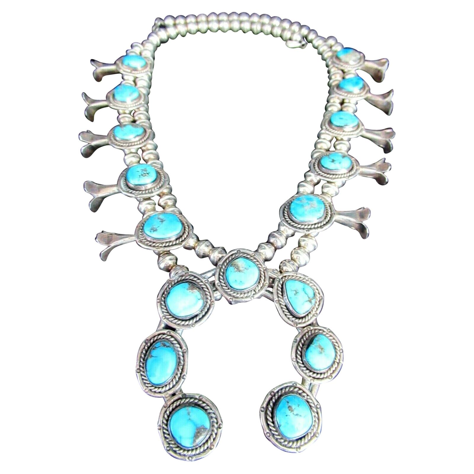 Native American Sterling Silver Genuine Turquoise Navajo Squash Blossom Necklace