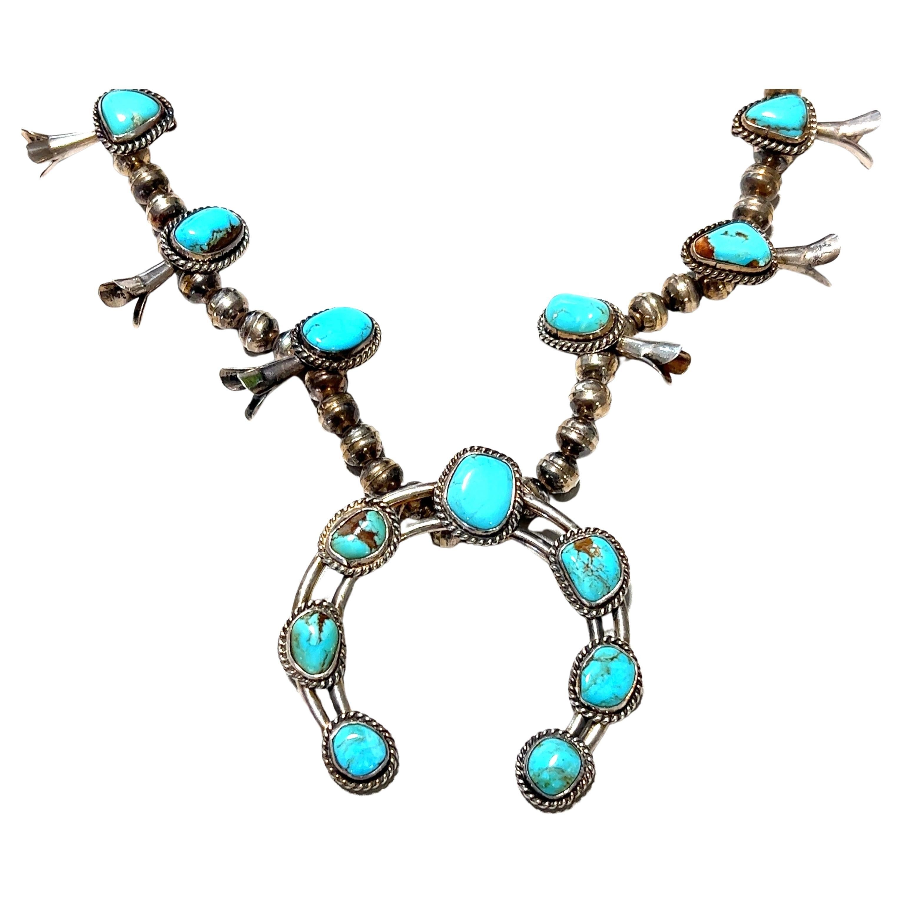 Native American Sterling Silver Genuine Turquoise Navajo Squash Blossom Necklace