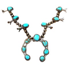 Vintage Native American Sterling Silver Genuine Turquoise Navajo Squash Blossom Necklace