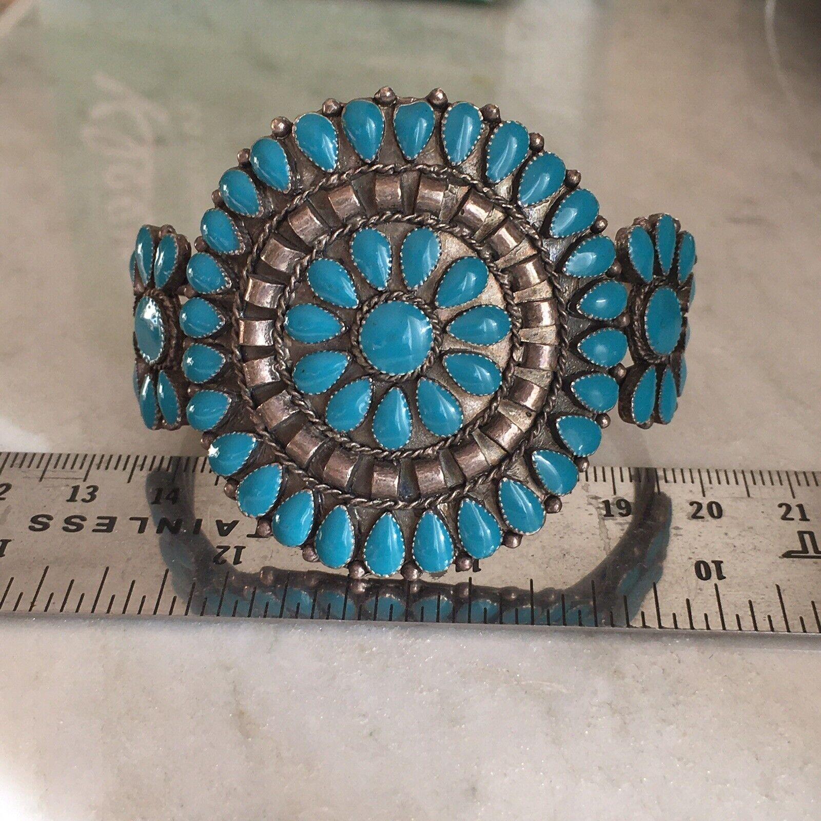 Modern Native American Sterling Silver Hand Made Turquoise Cluster Zuni Bracelet For Sale