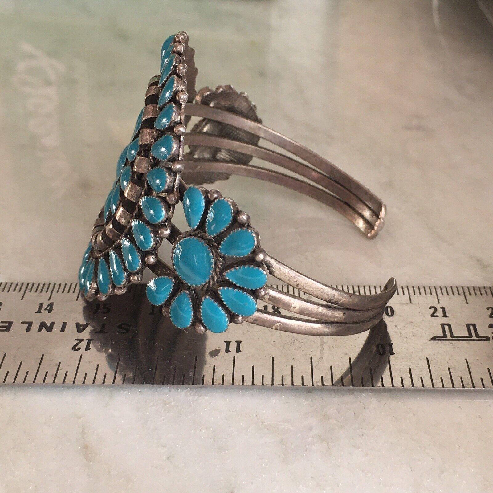 Cabochon Native American Sterling Silver Hand Made Turquoise Cluster Zuni Bracelet For Sale