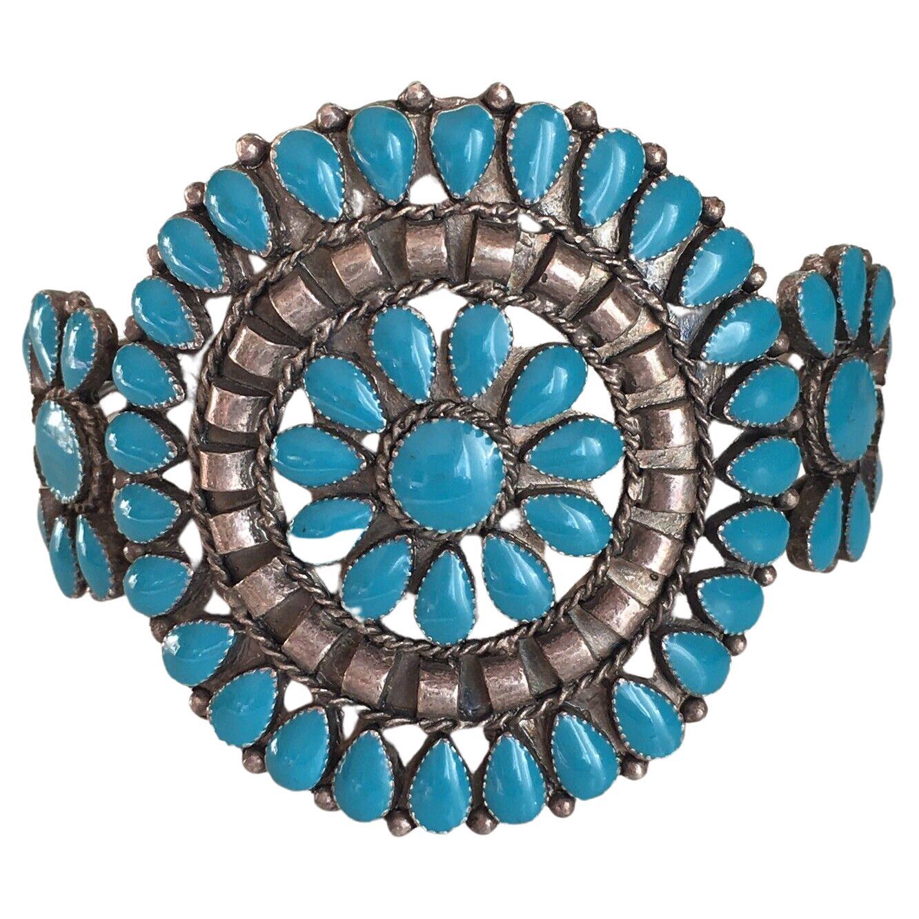 Zuni - Bracelet amérindien en argent sterling avec grappe de turquoises, fabriqué à la main en vente