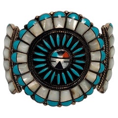 Native American Sterling Silver Inlay Cluster and Needlepoint Cuff Bracelet