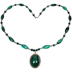 Vintage Native American Sterling Silver Malachite Beaded Pendant Necklace