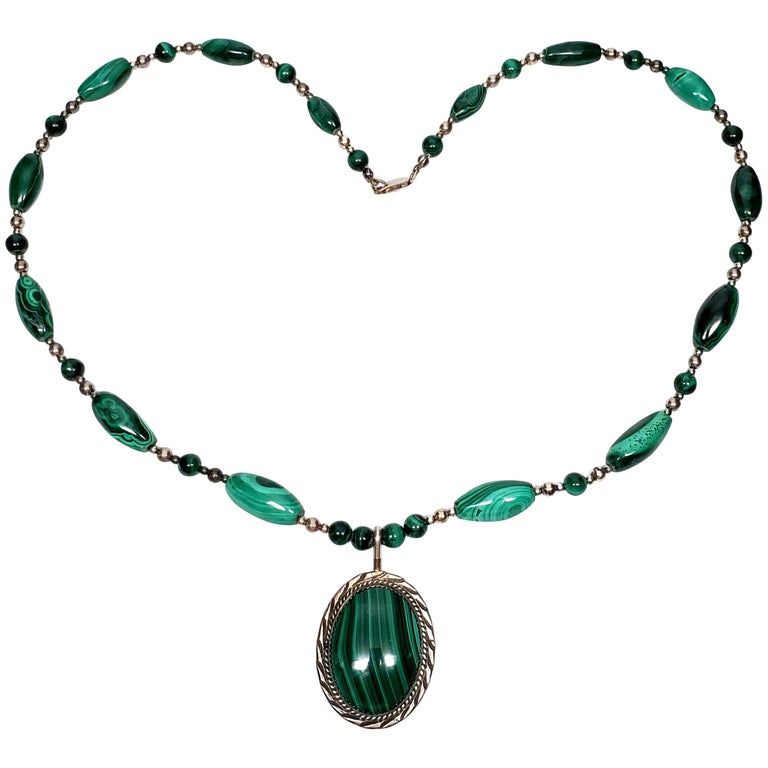 Native American Sterling Silver Malachite Beaded Pendant Necklace at