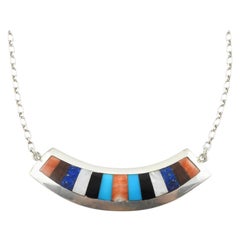 Native American Sterling Silver Multi Stone Inlay Pendant Necklace Signed CU