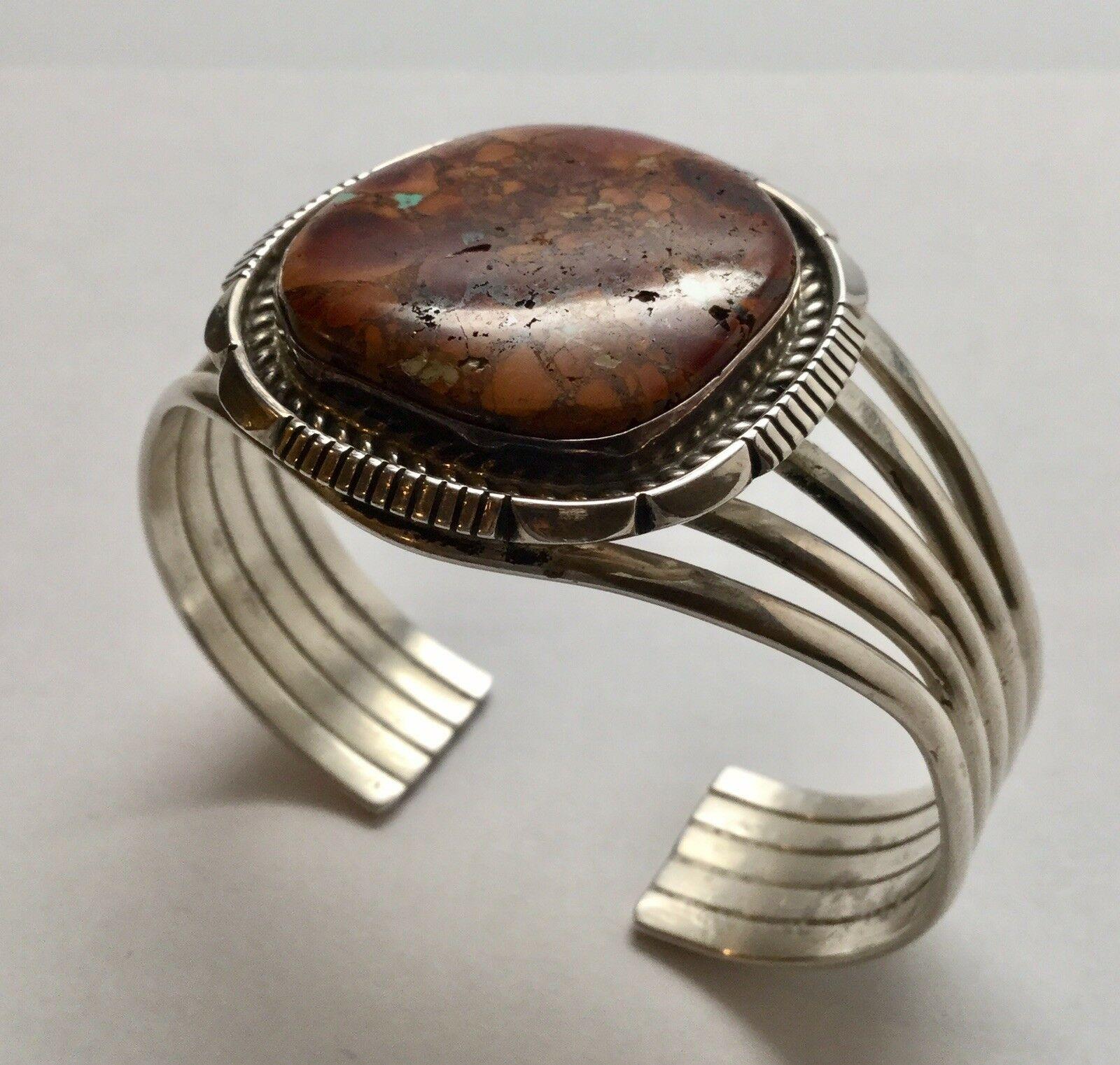 Native American Sterling Silver Natural Ocean Jasper Cuff Bracelet, Signed In Good Condition In Washington Depot, CT
