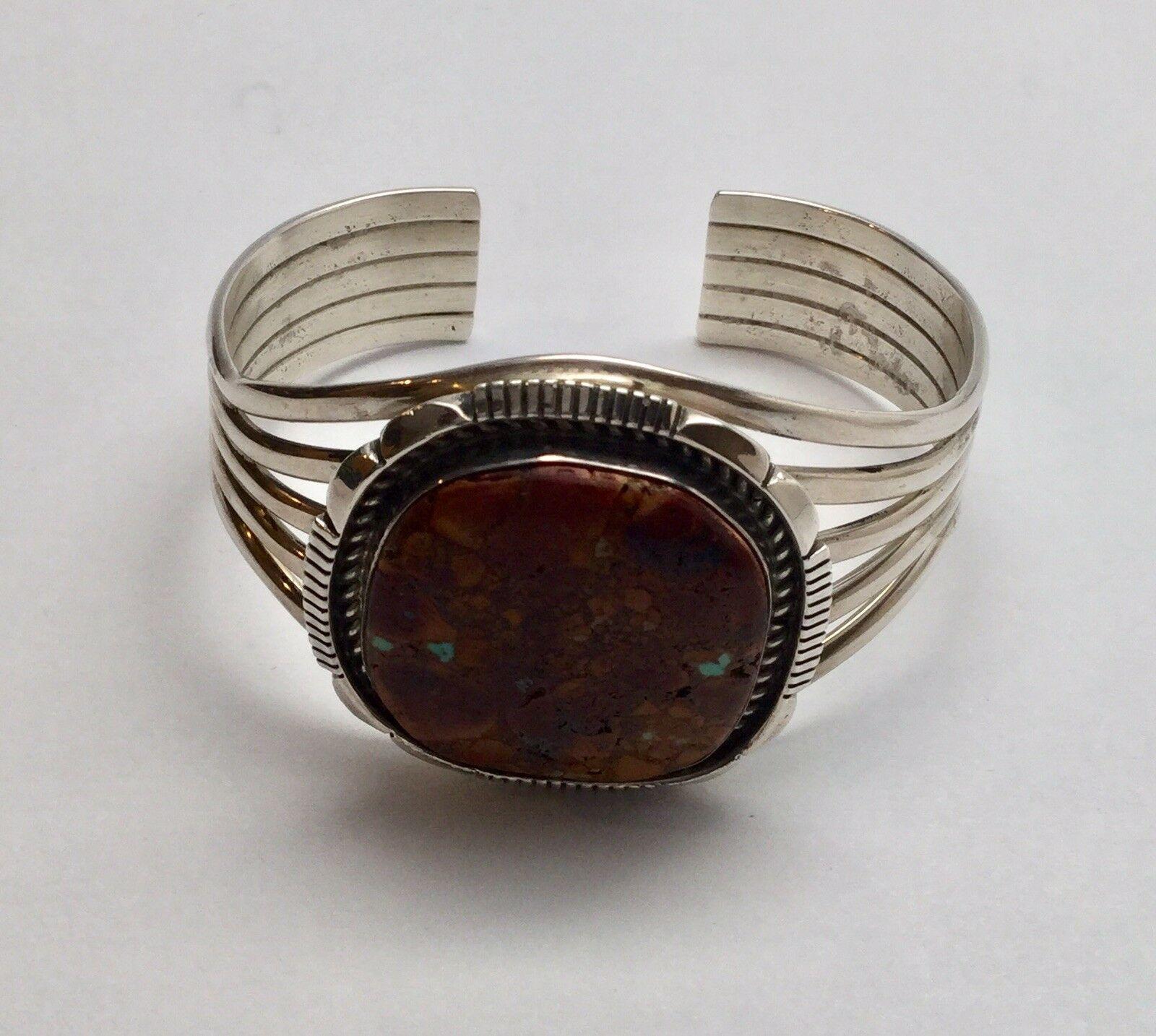 Women's Native American Sterling Silver Natural Ocean Jasper Cuff Bracelet, Signed