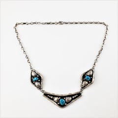 Native American Sterling Silver Oxidized Turquoise 3-Panel Link Necklace