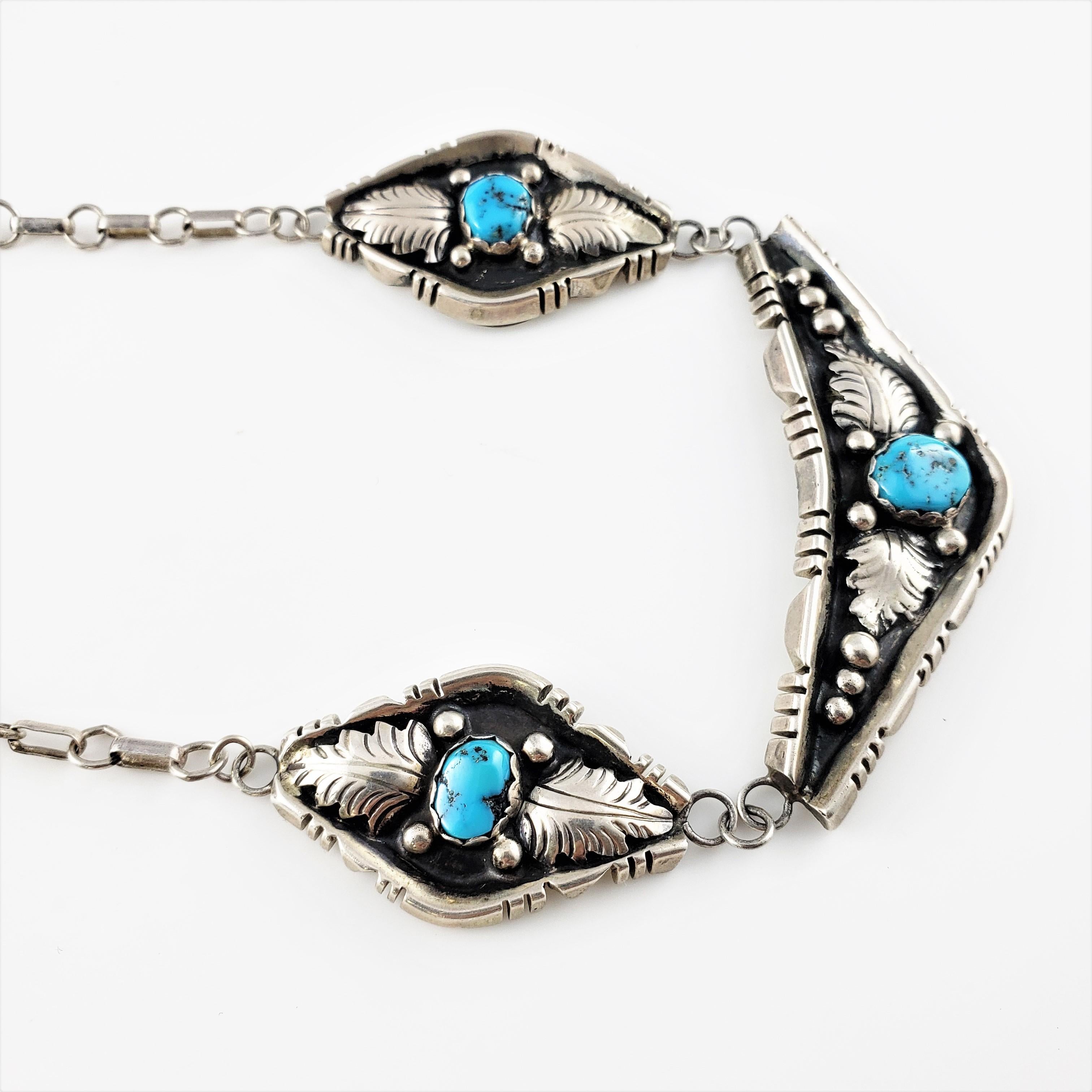 Cabochon Native American Sterling Silver Oxidized Turquoise 3-Panel Link Necklace