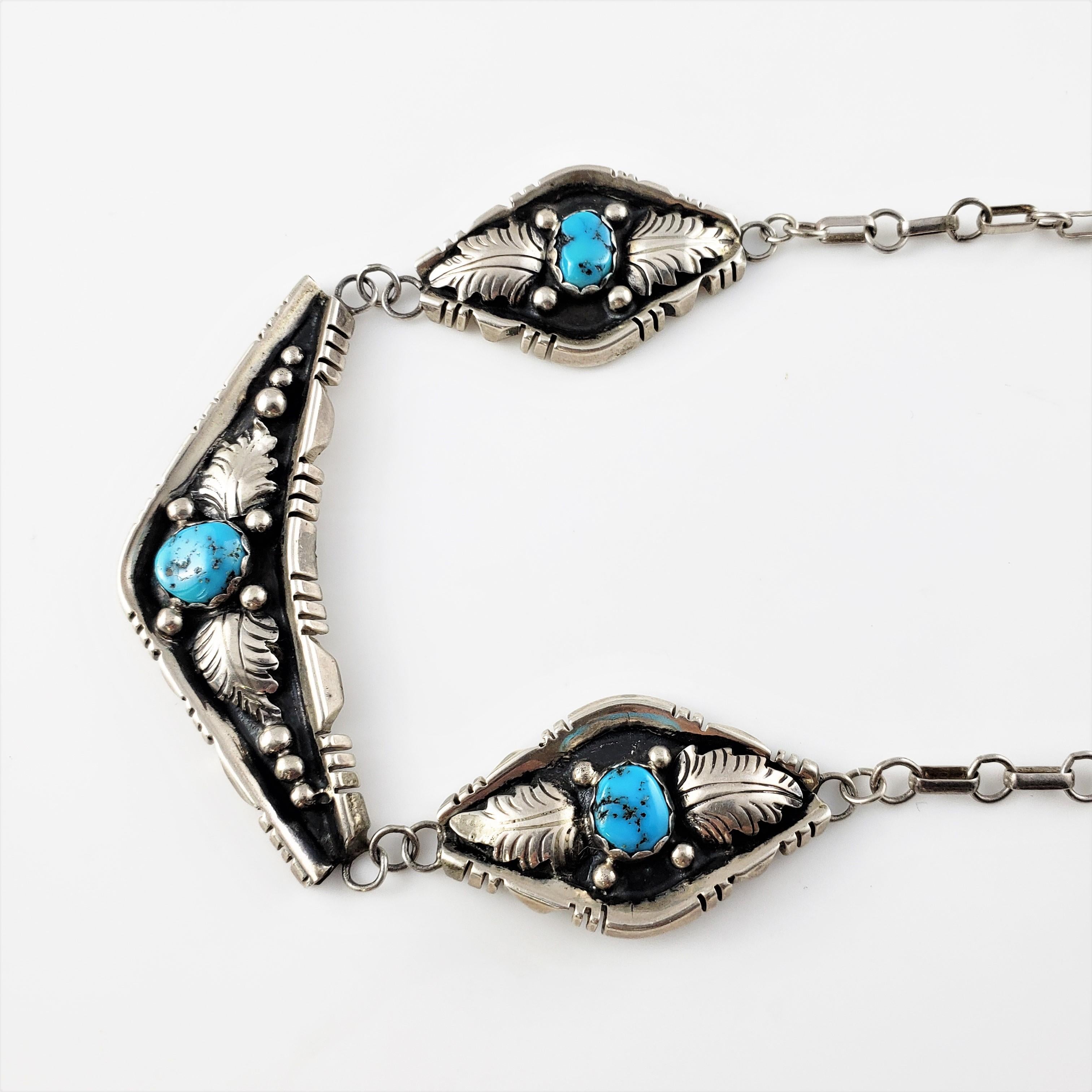 Native American Sterling Silver Oxidized Turquoise 3-Panel Link Necklace In Good Condition In Washington Depot, CT