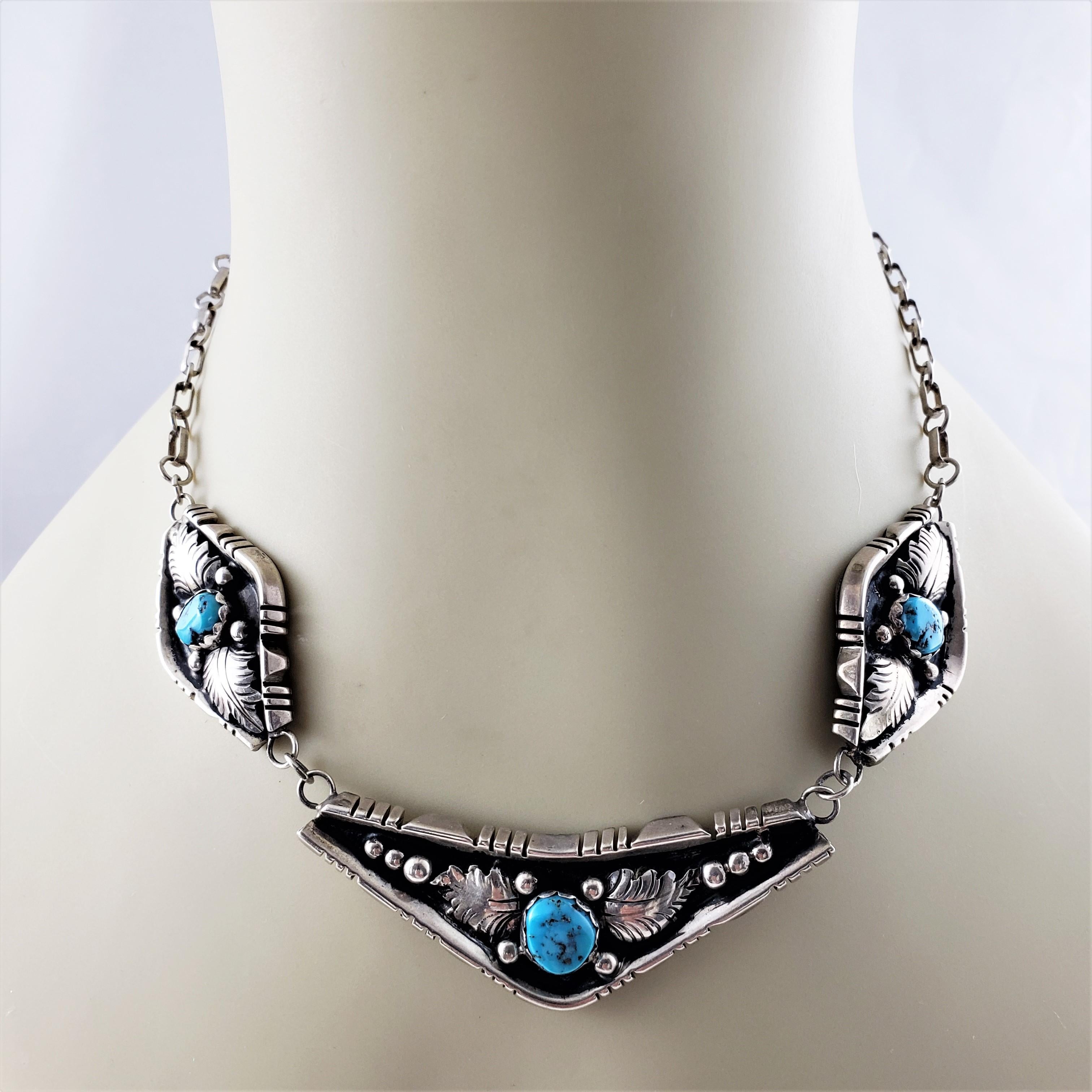 Women's Native American Sterling Silver Oxidized Turquoise 3-Panel Link Necklace