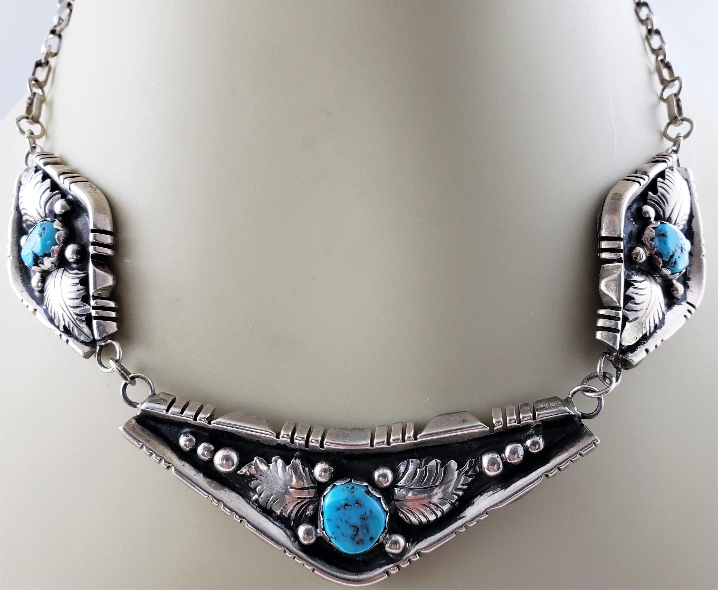 Native American Sterling Silver Oxidized Turquoise 3-Panel Link Necklace 1