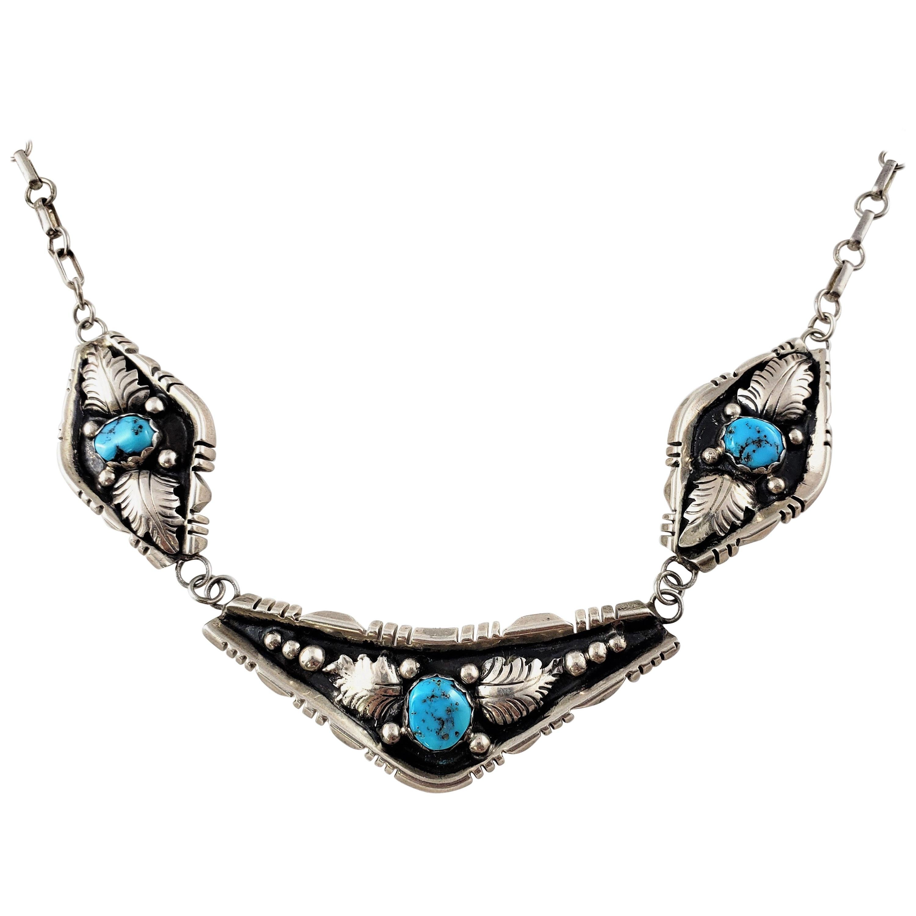 Native American Sterling Silver Oxidized Turquoise 3-Panel Link Necklace