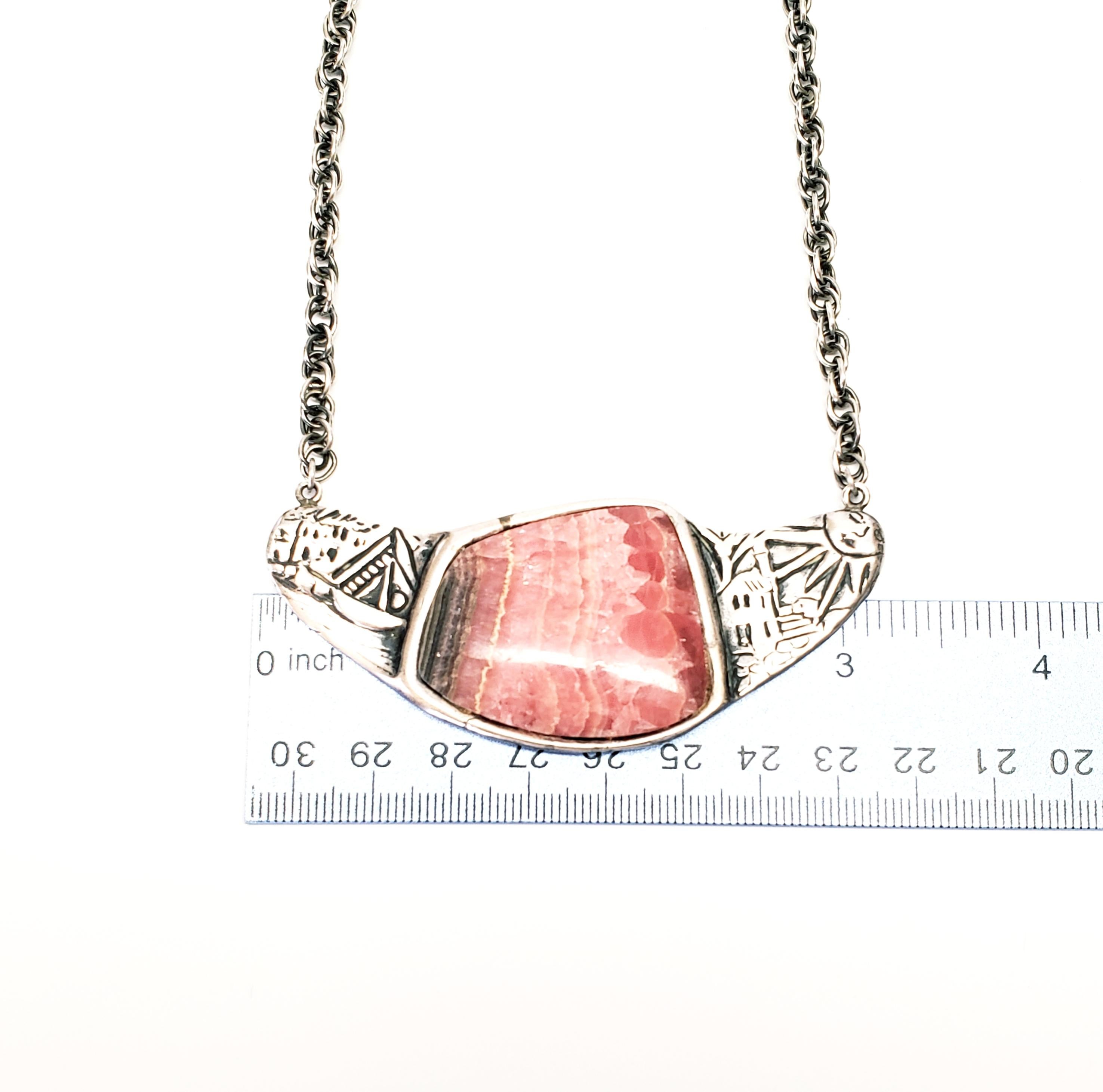 Southwest Style Sterling Silver Pink Rhodochrosite Pueblo Themed Necklace For Sale 2