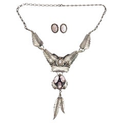 Native American Sterling Silver Pink Shell Feather Necklace Earrings Set #16498