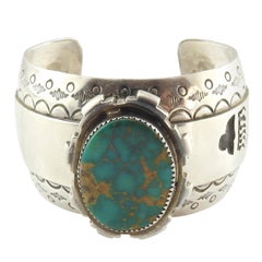 Native American Sterling Silver Raised Turquoise Cuff Bracelet by EM