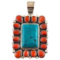 Native American Sterling Silver Turquoise 
Coral Pendant #20084