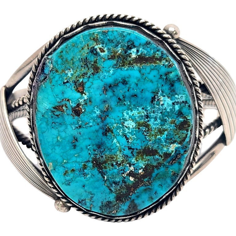 Native American Sterling Silver Turquoise Cuff Bracelet For Sale 3