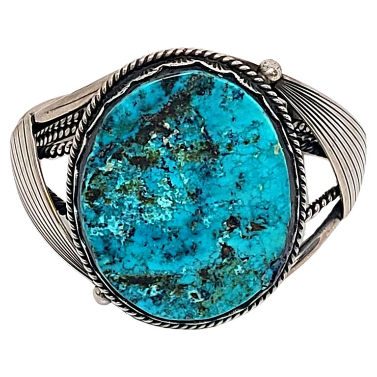 Native American Sterling Silver Turquoise Cuff Bracelet For Sale