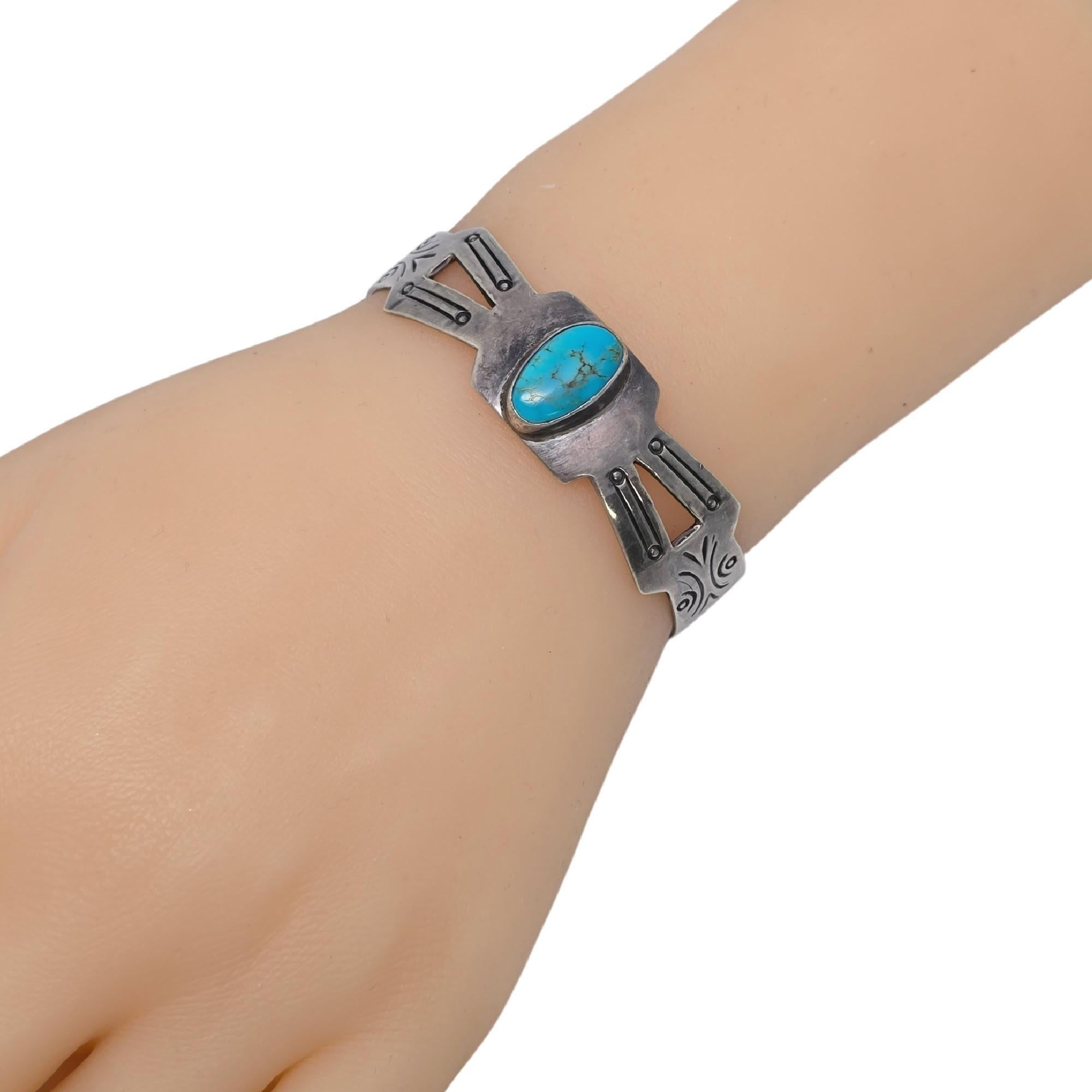 Native American Sterling Silver Turquoise Cut-Out Cuff Bracelet #20839 For Sale 5