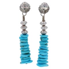 Native American Sterling Silver Turquoise Dangle Earrings - 925 Beads Pierced