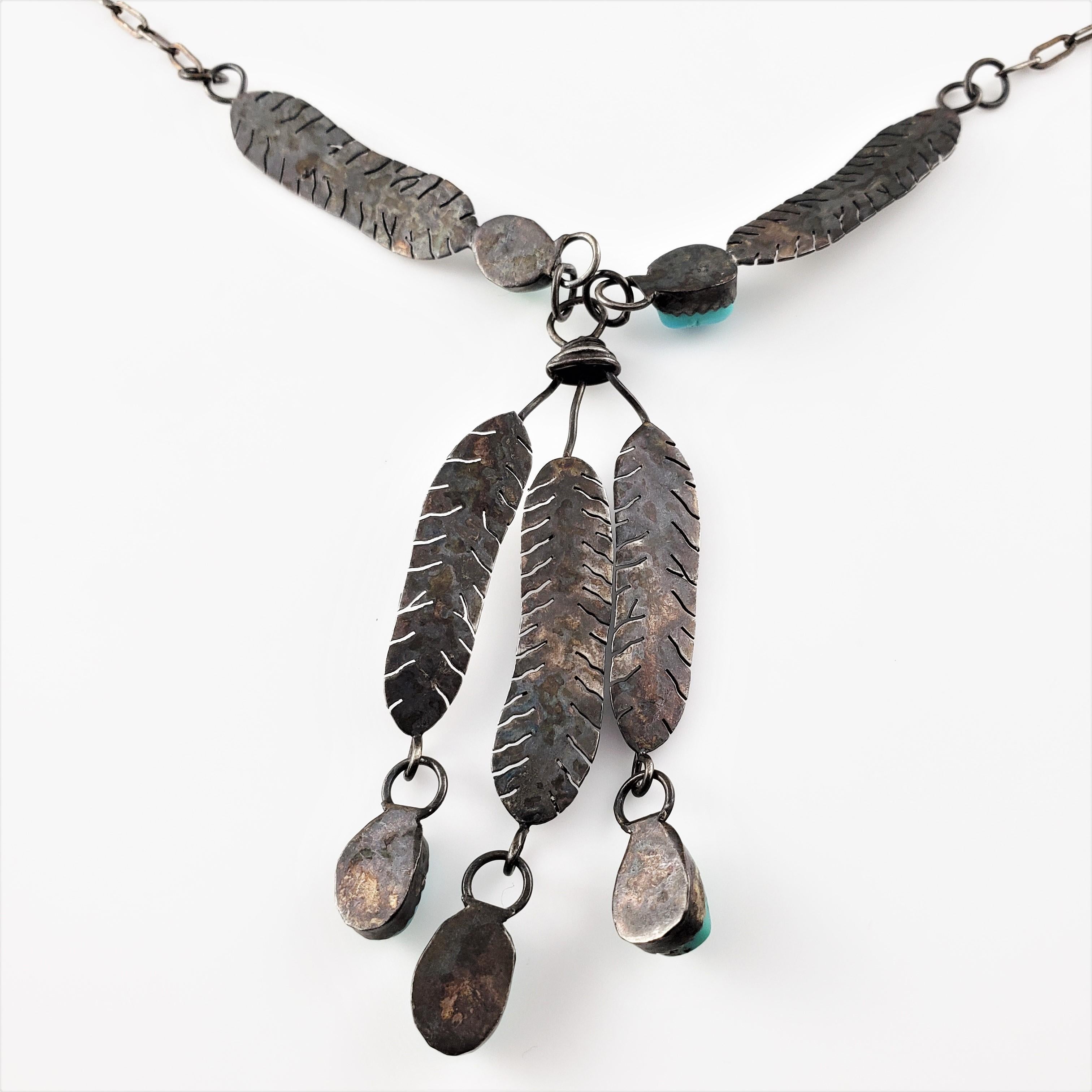 Cabochon Native American Sterling Silver Turquoise Feather Dangle Necklace