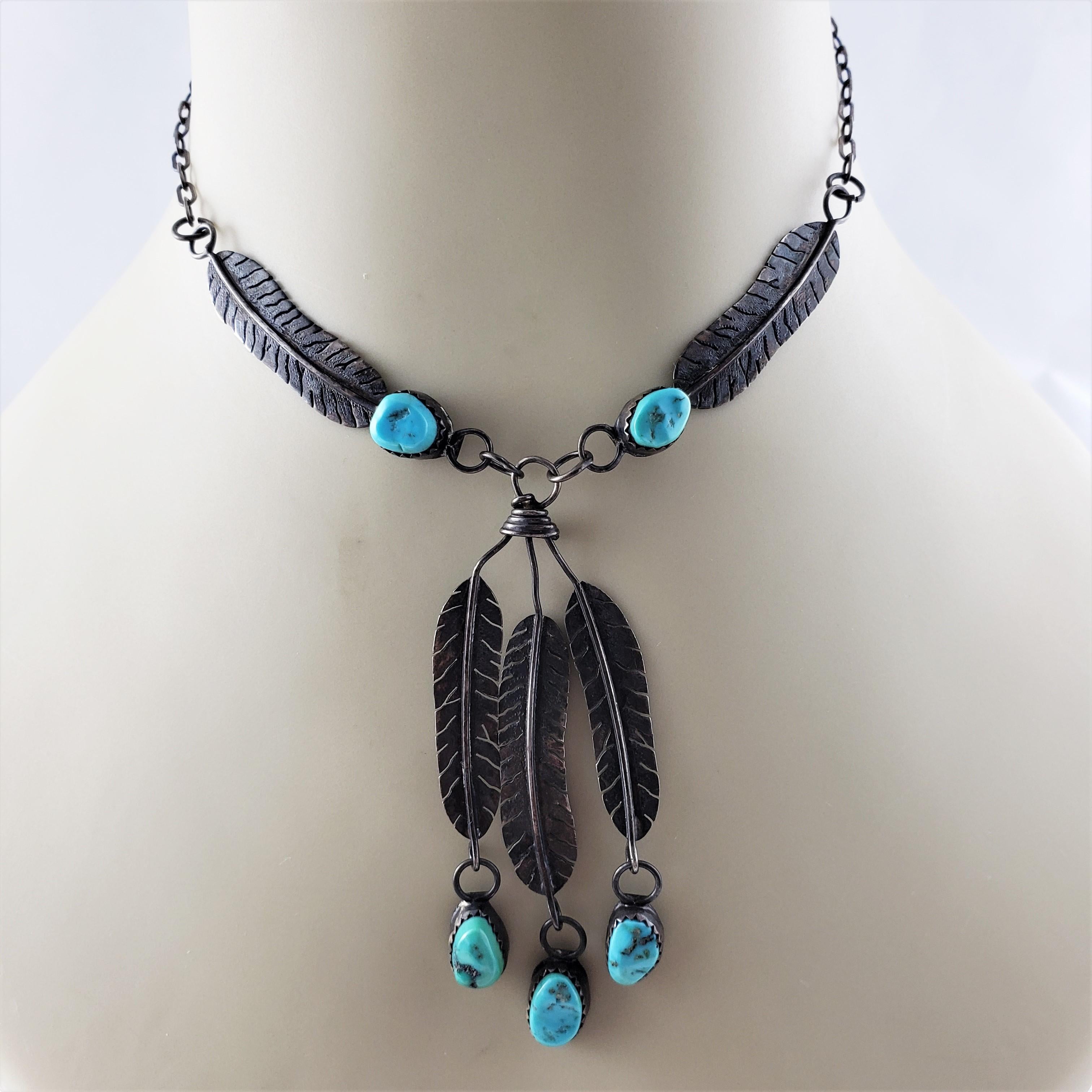 Women's or Men's Native American Sterling Silver Turquoise Feather Dangle Necklace