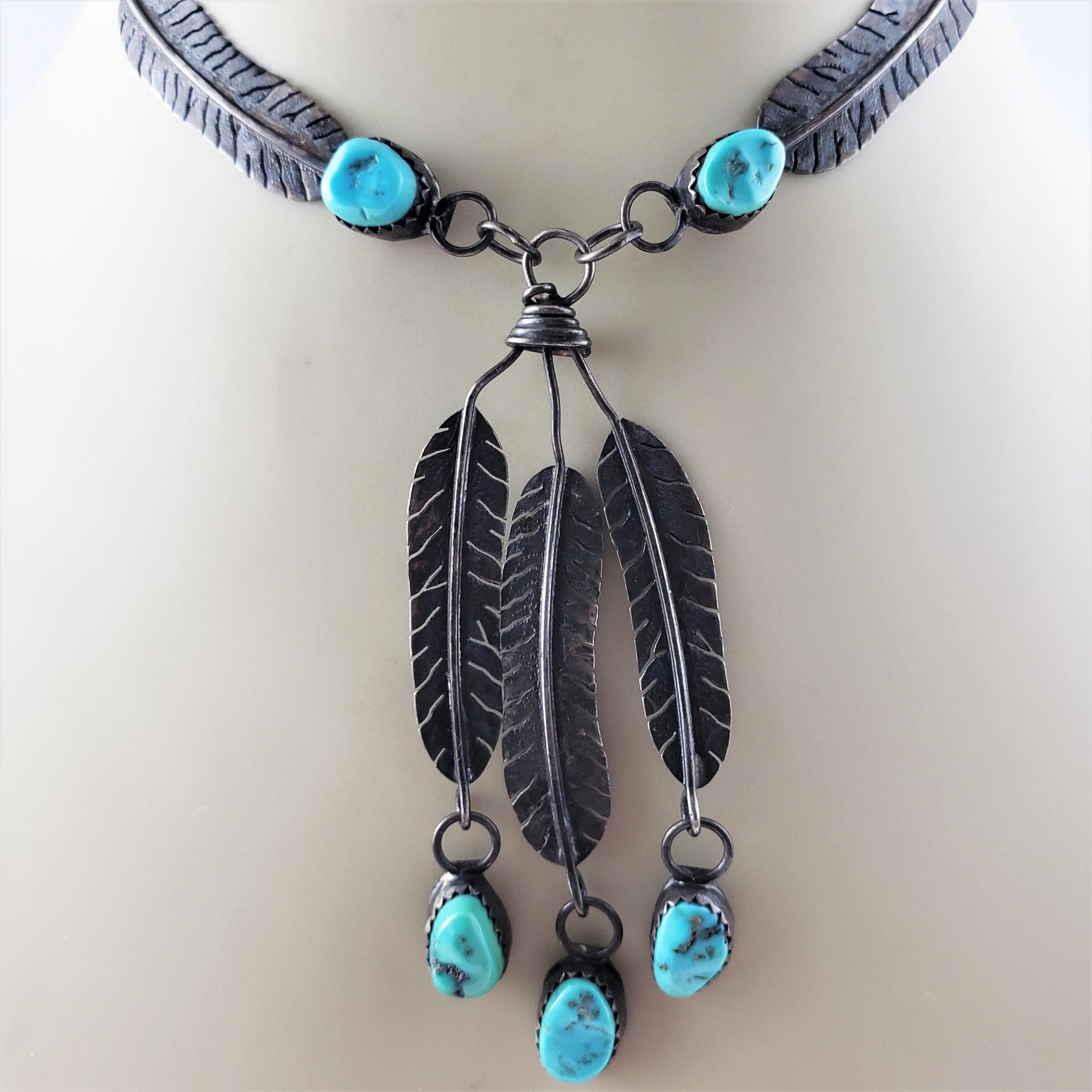 Native American Sterling Silver Turquoise Feather Dangle Necklace 1