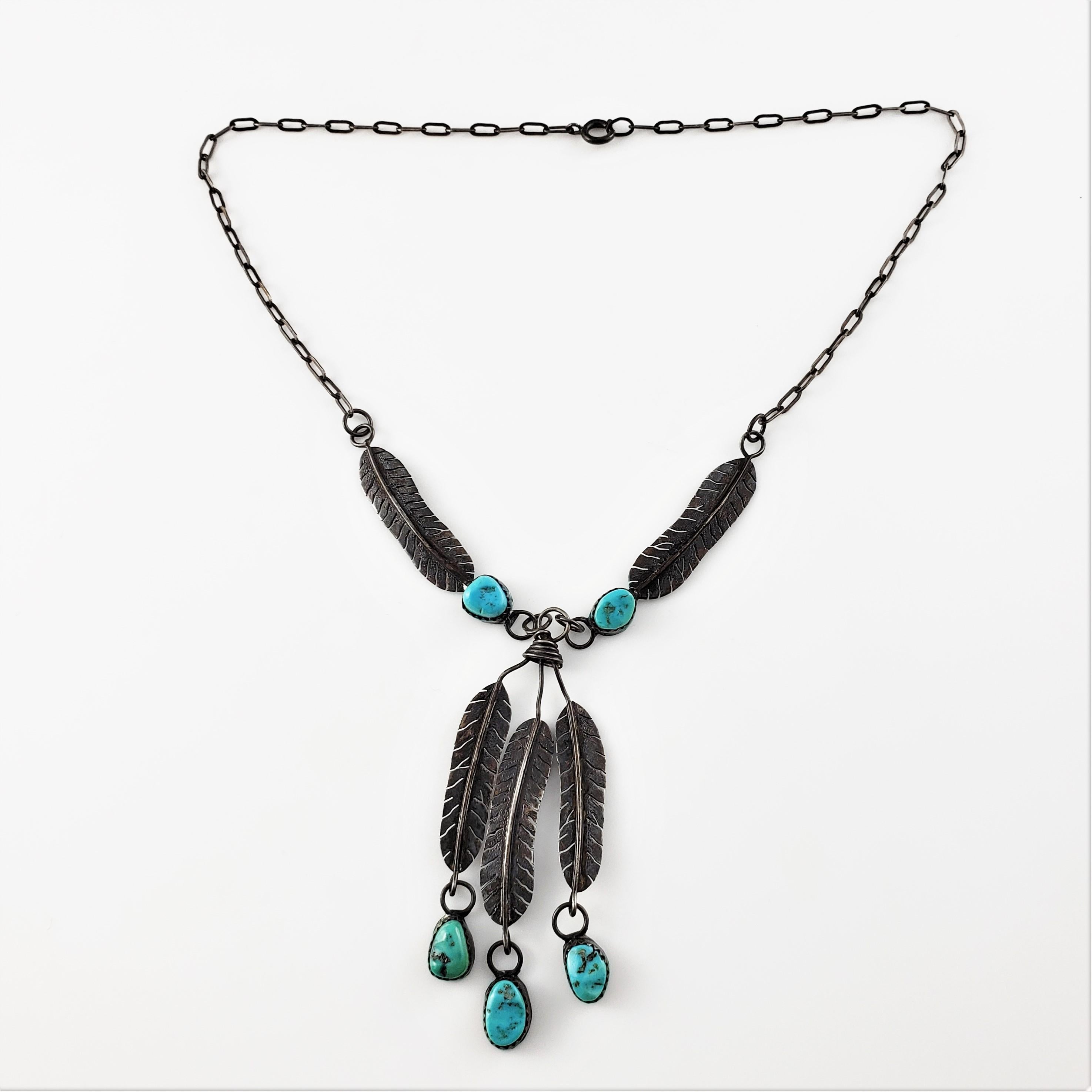 Native American Sterling Silver Turquoise Feather Dangle Necklace 2