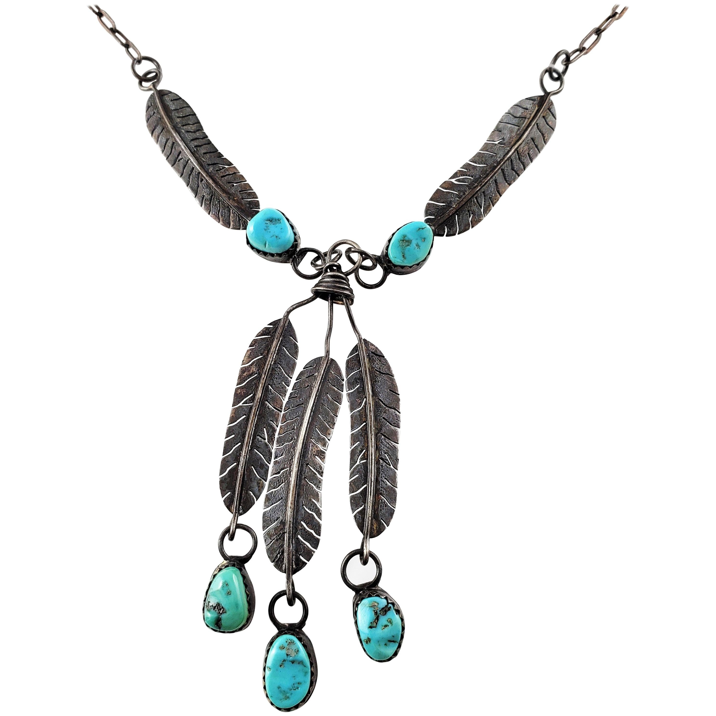 Native American Sterling Silver Turquoise Feather Dangle Necklace