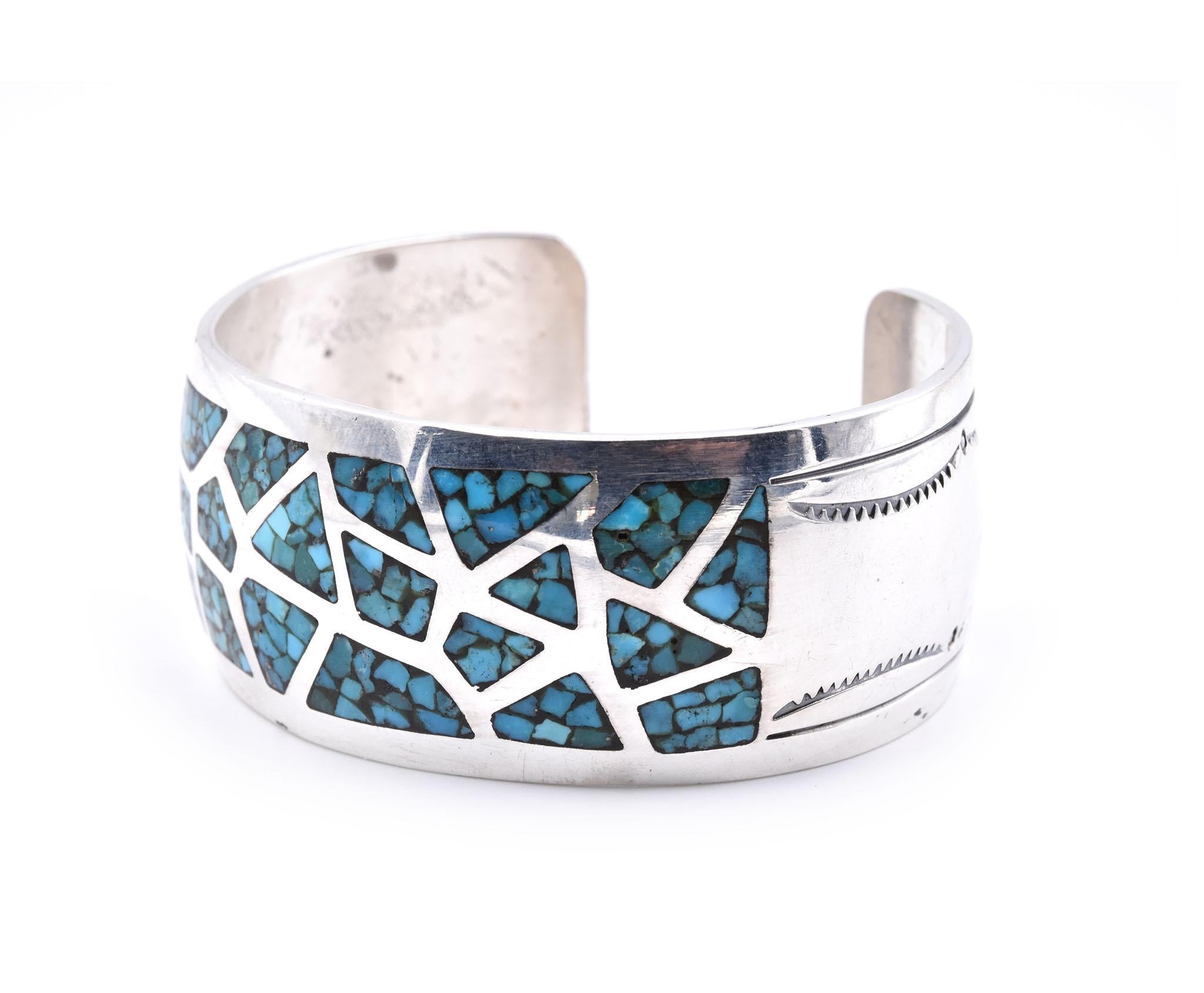 Mixed Cut Native American Sterling Silver Turquoise Inlay Cuff Bracelet