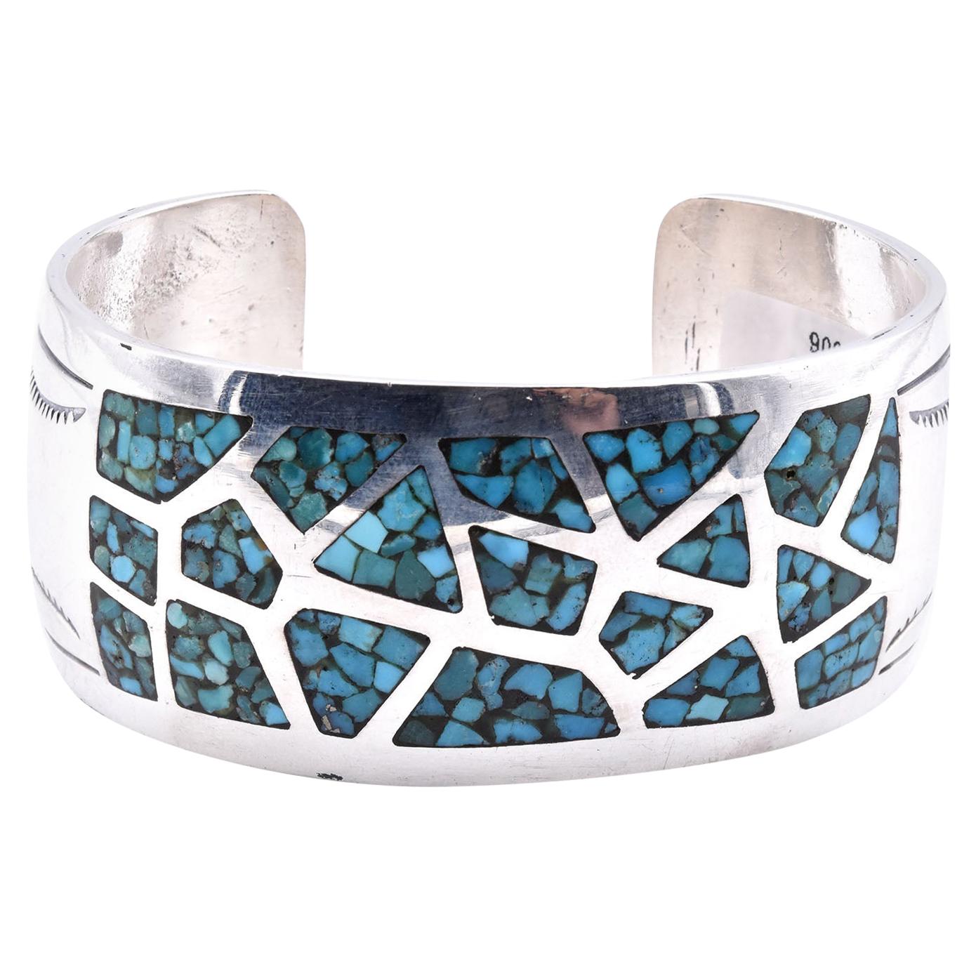 Native American Sterling Silver Turquoise Inlay Cuff Bracelet