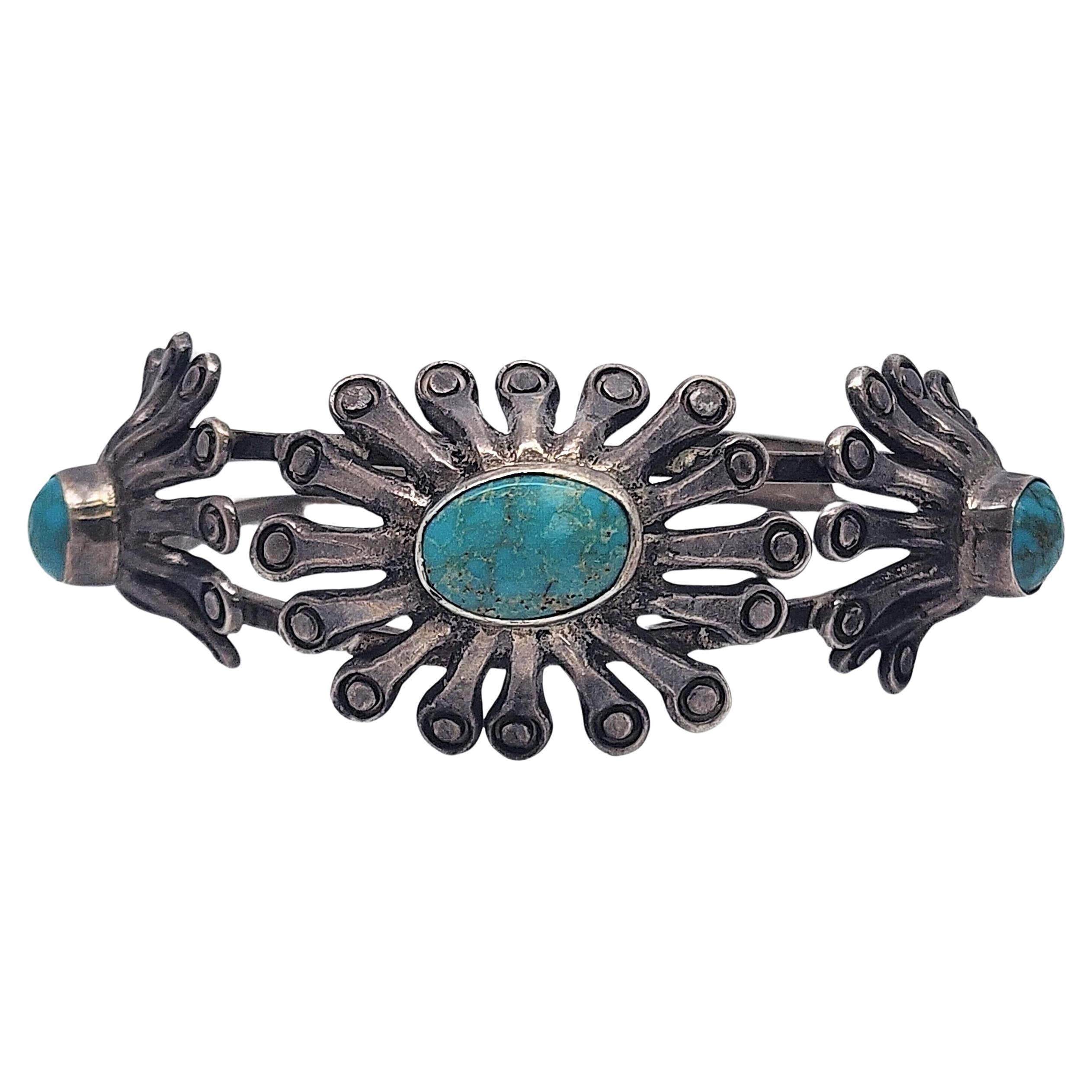 Native American Sterling Silver Turquoise Modern Flower Cuff Bracelet #18605 For Sale