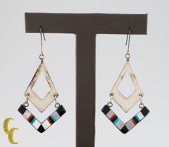 Native American Sterling Silver Turquoise, MoP, Onyx & Coral Chandelier Earrings