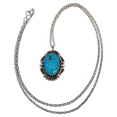 Native American Sterling Silver Turquoise Pendant with Chain Necklace #17673