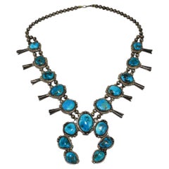 Native American Sterling Silver Turquoise Squash Blossom Necklace