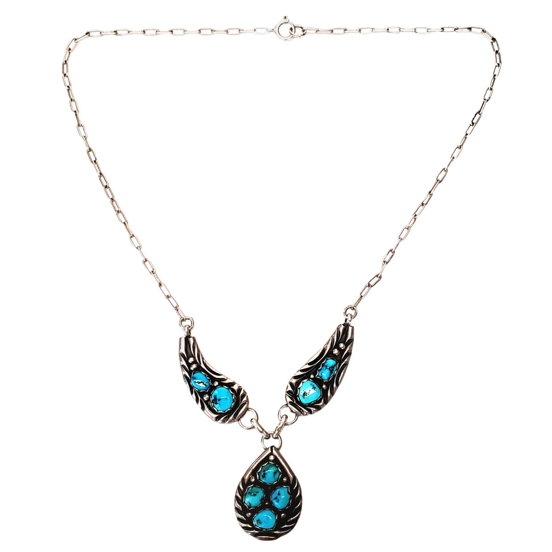 Native American Sterling Silver Turquoise Tear Drop Pendant Necklace