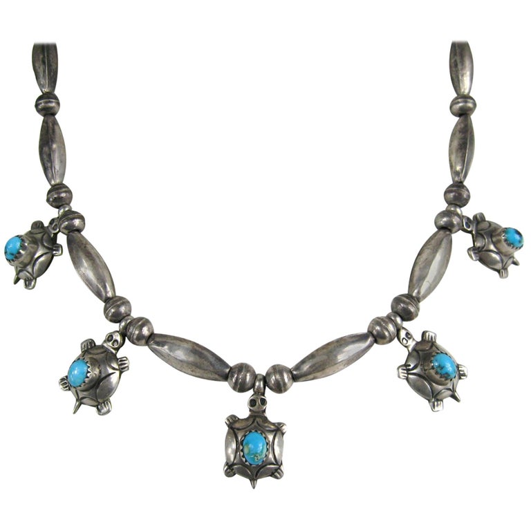 Sterling Silver Turquoise Turtle Fetish Necklace Old Pawn Native