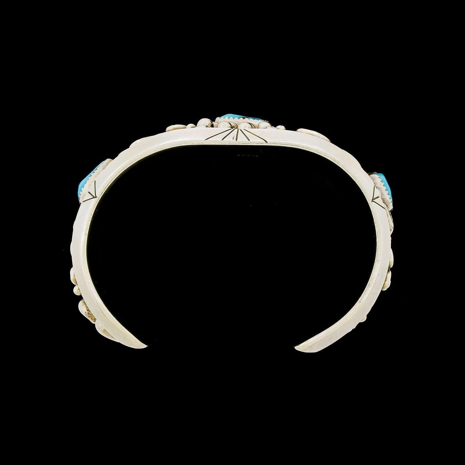 Native American Sterling Silver Wide Turquoise Cuff Bracelet Ornate 150G In Good Condition In Lauderdale by the Sea, FL