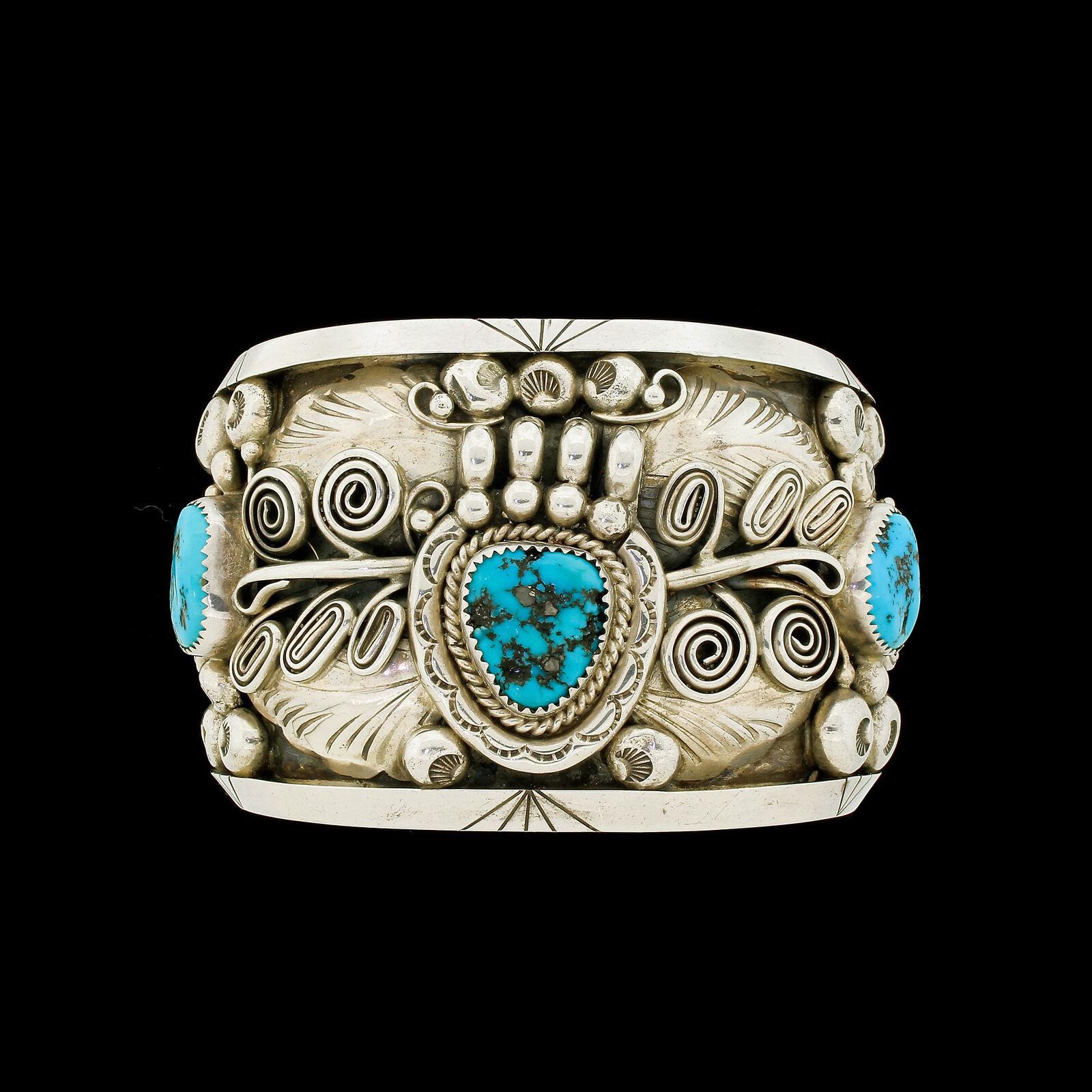 Native American Sterling Silver Wide Turquoise Cuff Bracelet Ornate 150G 1