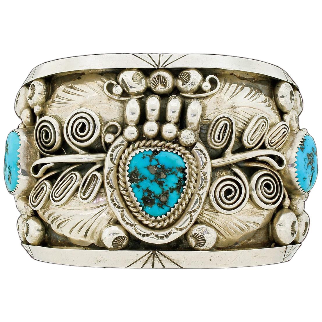 Native American Sterling Silver Wide Turquoise Cuff Bracelet Ornate 150G
