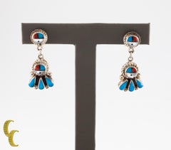 Native American Sterling Silver with Coral and Turquoise Dangle Earrings
