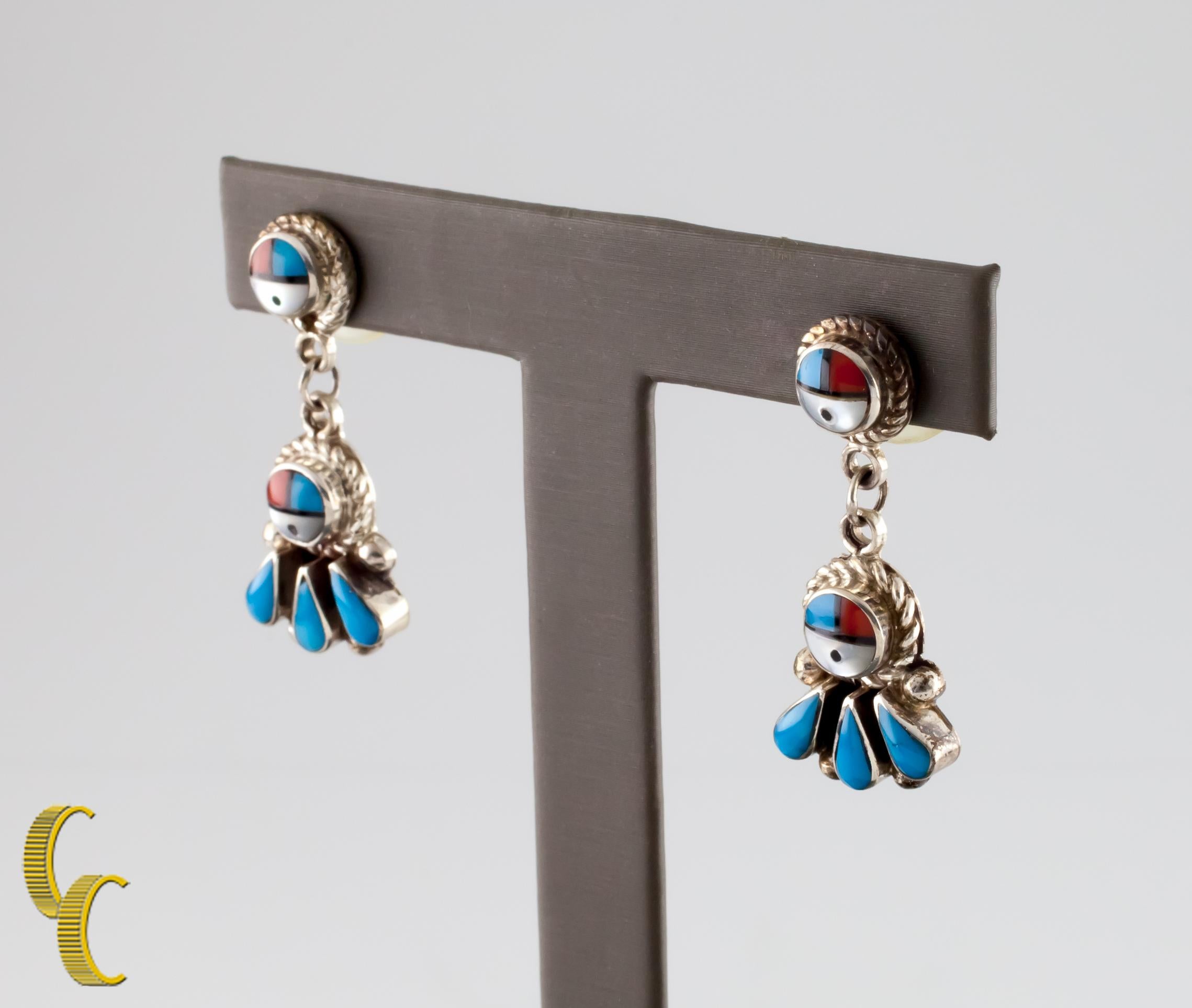 Cabochon Native American Sterling Silver with Coral and Turquoise Dangle Earrings For Sale