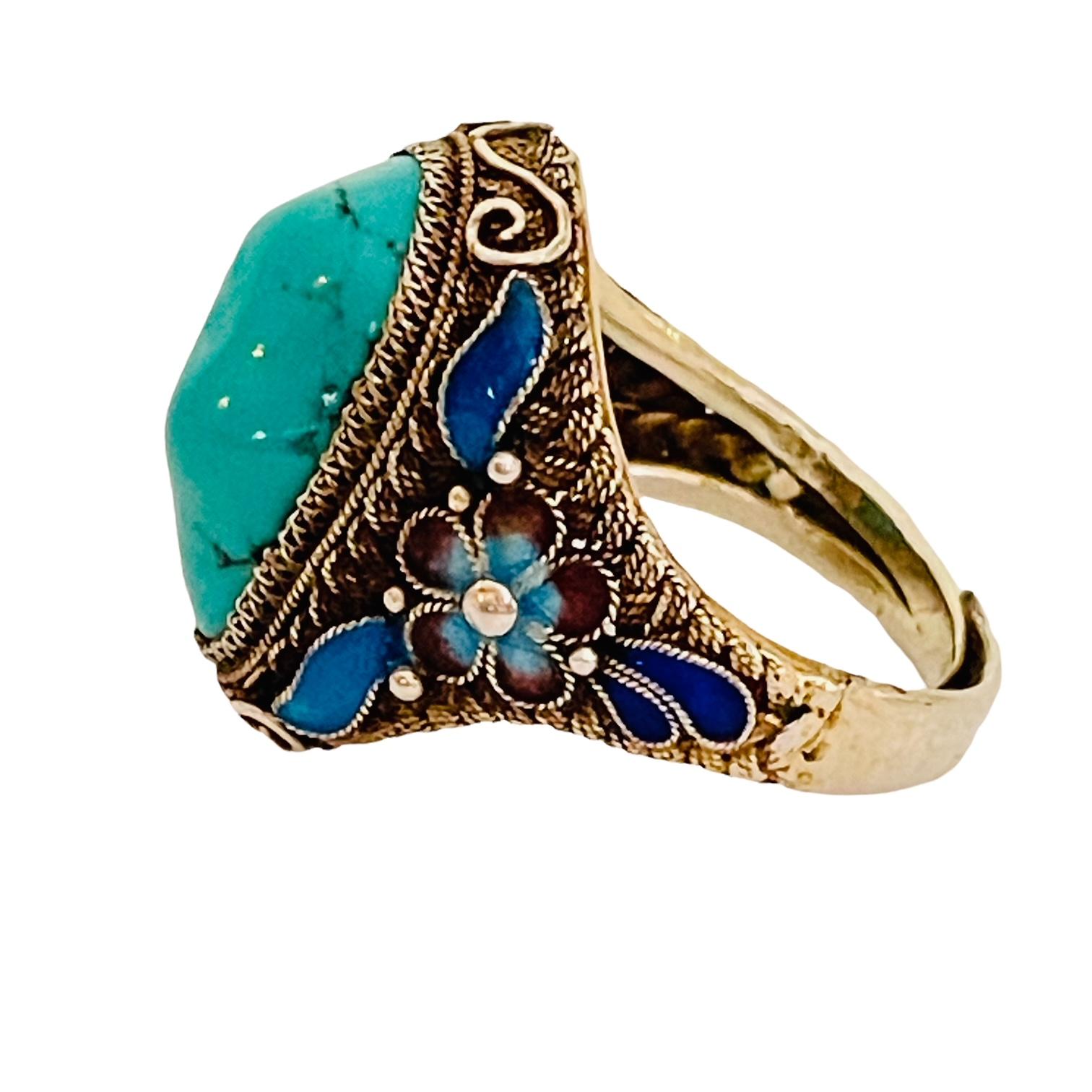 Round Cut Native American Sterling Turquoise & Blue Enamel Handmade Ring, Stamped