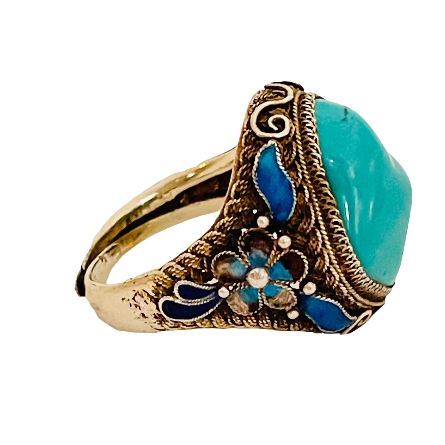 Women's or Men's Native American Sterling Turquoise & Blue Enamel Handmade Ring, Stamped